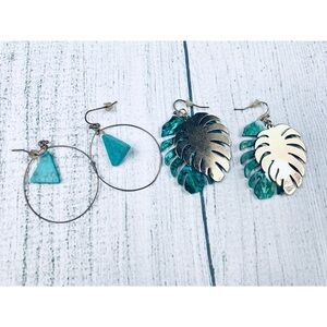 5 for $25 set of 2 large gold shimmer leaf & turquoise hoop earrings